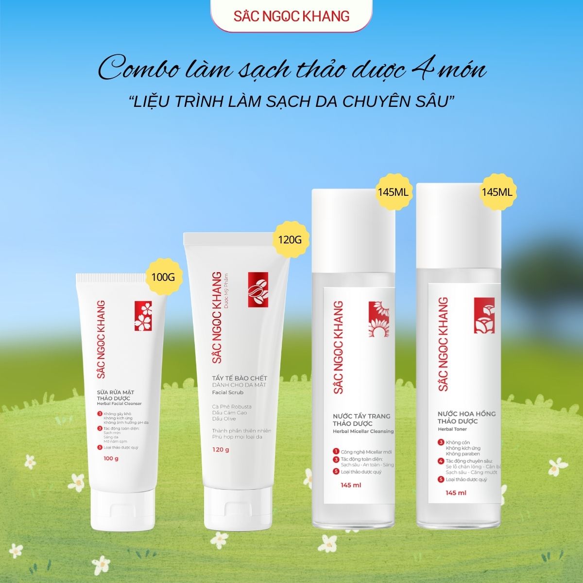 Combo 4 sản phẩm làm Sạch Da Chuyên Sâu Sắc Ngọc Khang