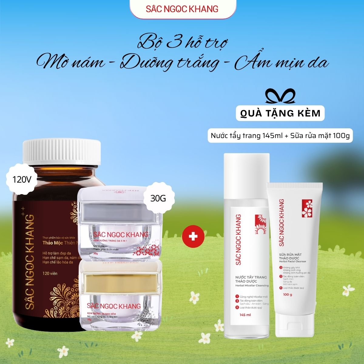 Combo Mờ Nám Dưỡng Trắng Cao Cấp Sắc Ngọc Khang: Viên Uống Sắc Ngọc Khang ++, Kem Dưỡng Da Ban Đêm, Kem Dưỡng Da Ban Ngày